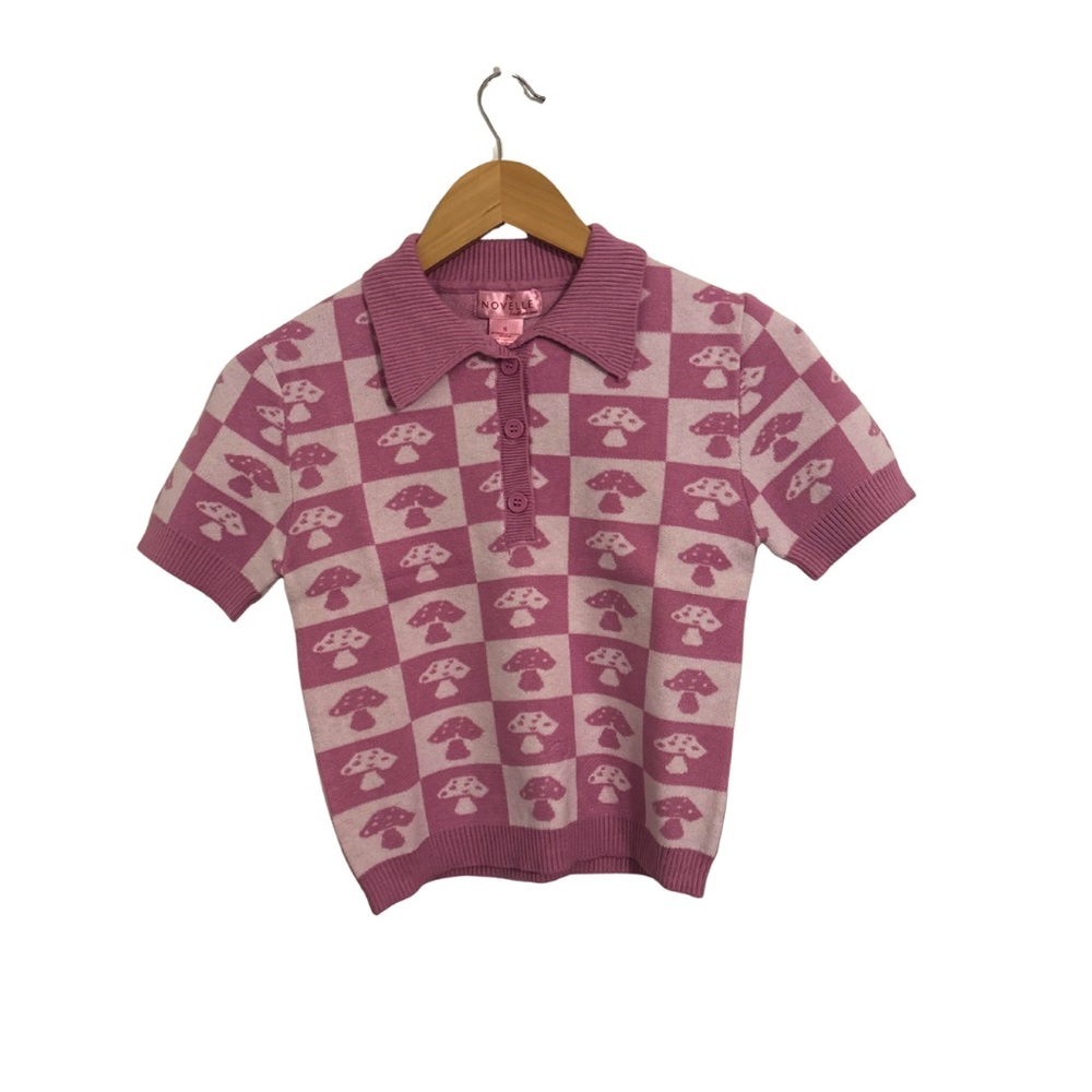 Pink Mushroom-Check Polo Sweater Top